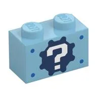 Brick 1 x 2 with '?' on Gear Background and Blue Spots Print / Medium Azure