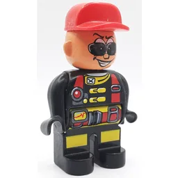 Duplo Figure, Early, Cap Red, Black Legs, Red Utility Harness, Sunglasses Print (Action Wheeler) / Black