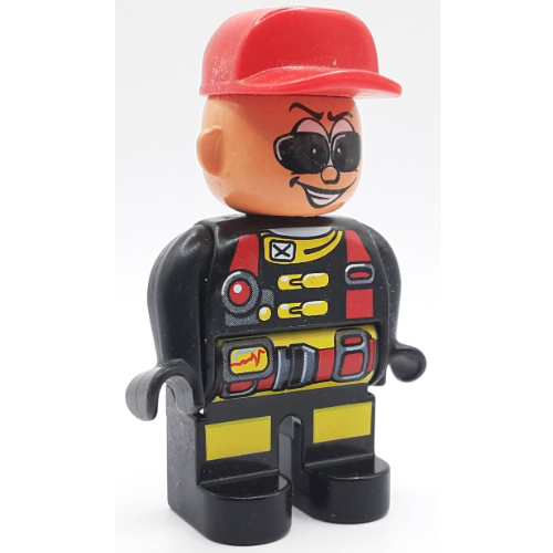 Lego Duplo Figure, Early, Cap Red, Black Legs, Red Utility Harness, Sunglasses Print (Action Wheeler) / Black