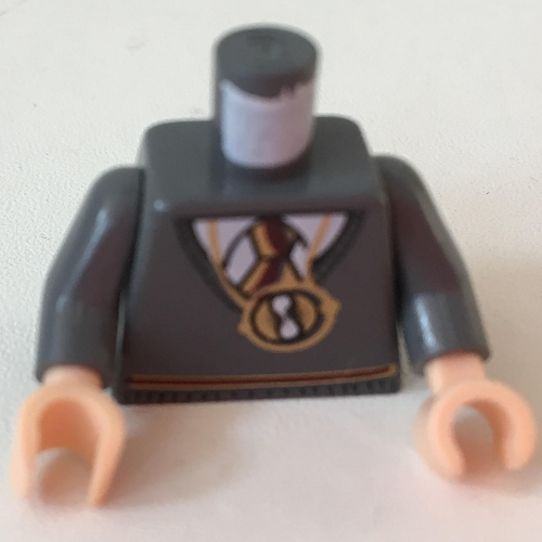 Lego Torso Sweater and Tie, Gryffindor Colors with Pendant Necklace Print (Hermione) Dark Bluish Gray Arms, Light Nougat Hands / Dark Bluish Gray