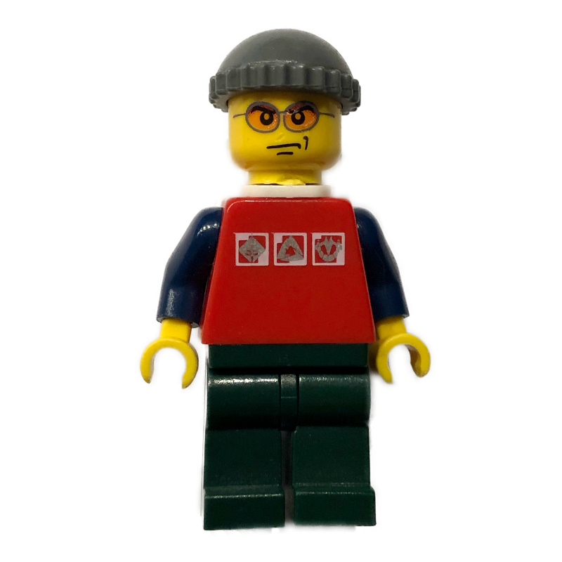 Lego Man, Red Shirt with Dark Blue Arms, Dark Bluish Gray Hat, Orange Sunglasses