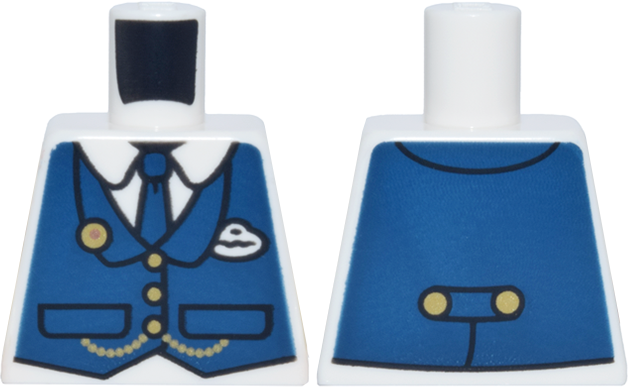 Lego Torso Dark Blue Vest and Tie, White Badge, Gold Pin, Buttons and Chain over Shirt with Collar Pattern