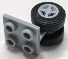 Lego Plate, Modified 2 x 2 Thin with Dual Wheels Holder - Split Pins with Light Bluish Gray Wheels and Black Tires (4870 / 4624 / 3139)