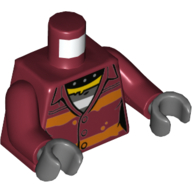 Lego Torso, Dark Orange Stripes Jacket, White/Dark Bluish Grey Prison Shirt, Yellow Collar print, Dark Red Arms, Dark Bluish Gray Hands / Dark Red