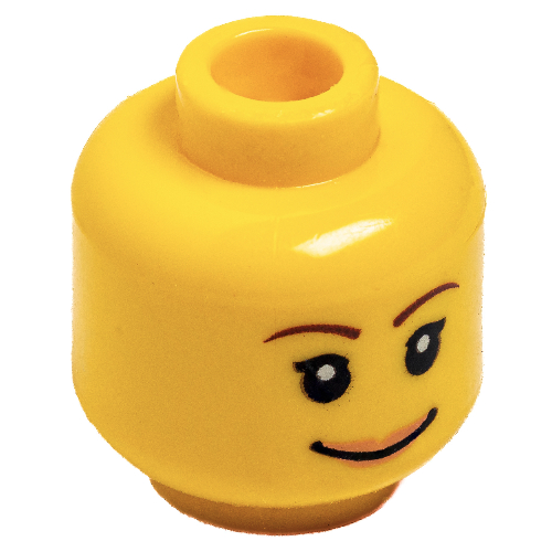 Lego Minifig Head, Brown Thin Eyebrows, White Pupils, Short Eyelashes, Wide Black Smile and Pink Lips Print / Yellow