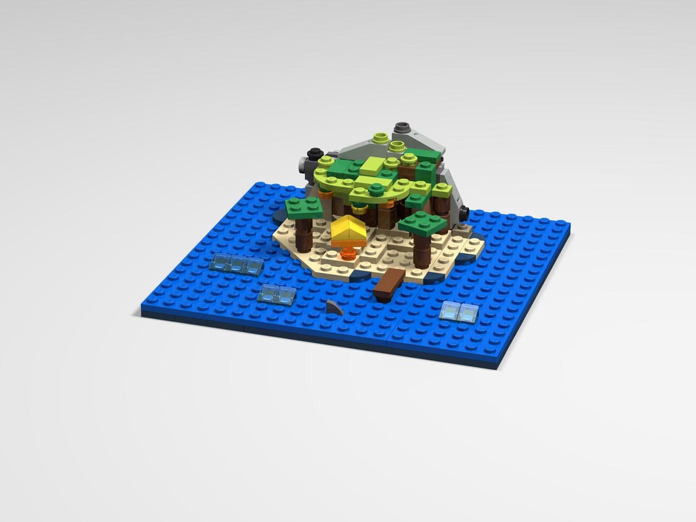 Lego Mini island with rocky cliff & explorer tent