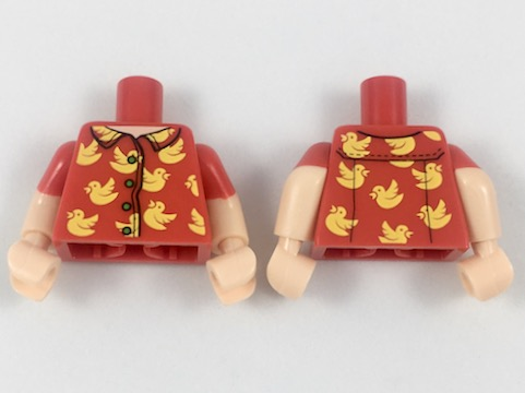 Lego Torso Shirt with Light Nougat Neck, 4 Buttons, Bright Light Orange Birds Pattern / Light Nougat Arms with Molded Red Short Sleeves Pattern / Light Nougat Hands