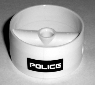 Lego Cylinder 4 x 4 x 1 2/3 with Pin Holes and Center Bar with White 'POLICE' on Black Background Pattern (Sticker) - Set 5971