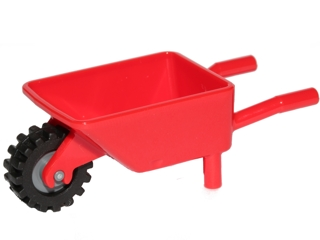 Lego Minifigure, Utensil Wheelbarrow with Dark Bluish Gray Pulley Wheel with Black Tire 15mm D. x 6mm Offset Tread Small - Band Around Center of Tread (98288 / 3464c04)