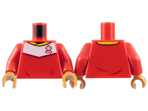 Lego Torso Soccer Uniform, Yellow Collar, White Shoulder Panel, Dark Red Dice Logo Pattern / Red Arms / Medium Nougat Hands