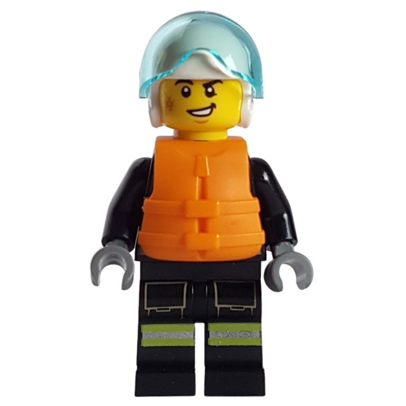 Lego Firefighter, Black Fire Suit, Orange Life Vest, White Helmet