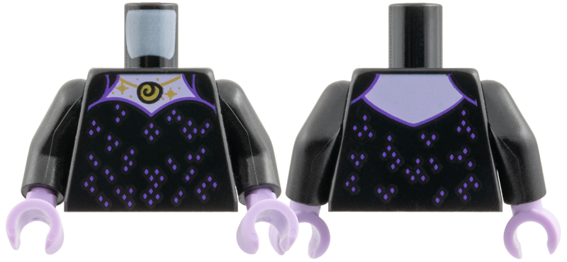 Lego Torso Dress with Dark Purple Squares, Gold Necklace and Sparkles, Lavender Neck Pattern / Black Arms / Lavender Hands