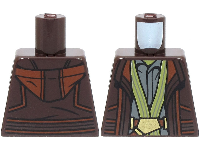 Lego Torso Jacket with Hood, Dark Bluish Gray Shirt, Olive Green Trim, Reddish Brown Belt with Gold Buckle Pattern