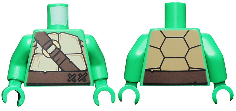 Lego Torso Tan and Dark Tan Turtle Shell, Dark Brown Belt and Strap with Gold Ring Pattern / Bright Green Arms / Bright Green Hands