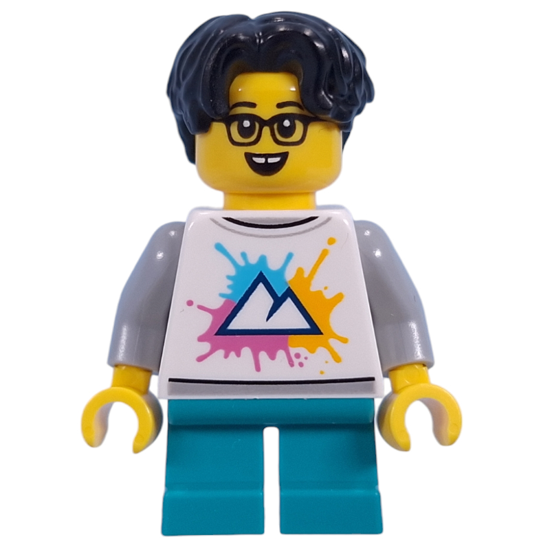 Lego Kid - White Torso with Mountains, Dark Turquoise Legs, Black Hair