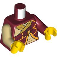 Lego Torso, Odd Arms, Tan Shirt, Dark Res/Bright Light Orange Robe print, Left Dark Red Arm, Right Tan Arm, Yellow Hands / Dark Red