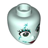 Lego Minidoll Head, Green Eyes, Dark Turquoise Eyeshadow, Stitches, Dark Red Lips / Light Aqua