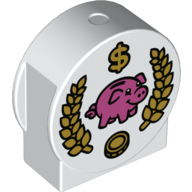 Lego Duplo Brick 1 x 3 x 2 Round Top, Cut Away Sides with Piggybank, '$', and Coin Print / White