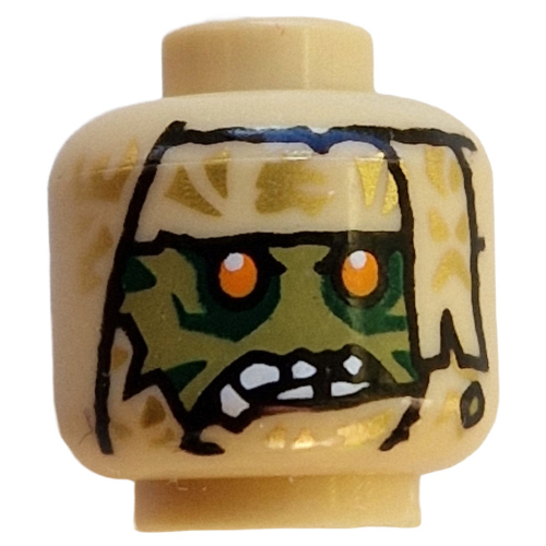 Lego Minifig Head Kur, Bandages, Olive Green Face, Yellow Eyes, Crooked White Teeth, Grin, Light Bluish Grey Ponytail / Tan