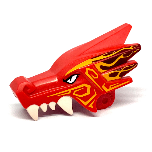 Lego Creature Body Part, Dragon Head Upper Jaw with White Teeth, Yellow/Dark Red Markings print / Red