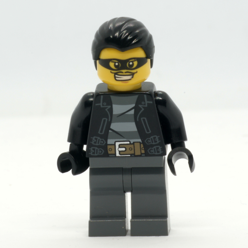 Lego Criminal, Open Black Jacket over Prison Shirt, Dark Bluish Grey Legs, Black Hair, Black Eyemask