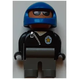 Duplo Figure, Early, Helmet Blue, Dark Gray Legs, Sunglasses, Diagonal Zippered Jacket and Police Badge Print / Black
