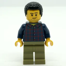 Man, Dark Blue Plaid Shirt, Olive Legs, Black Hair, Stubble