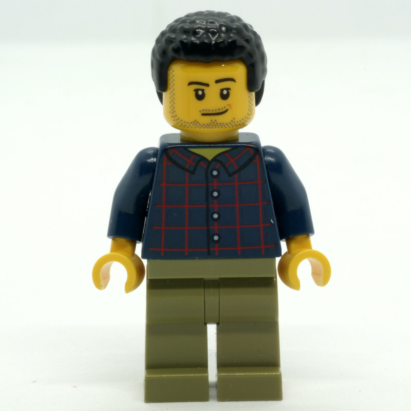 Lego Man, Dark Blue Plaid Shirt, Olive Legs, Black Hair, Stubble