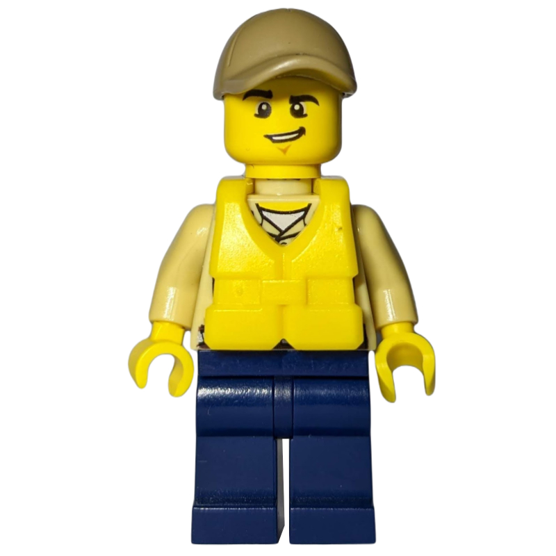 Lego Swamp Police / Ranger, Tan Shirt with Badge and Radio, Dark Blue Legs, Dark Tan Cap, Yellow Life Vest