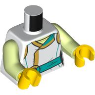 Lego Torso, Tunic/Robe, Dark Tan Trim, Dark Turquoise Belt print, Yellowish Green Arms, Yellow Hands / White