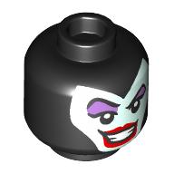 Lego Minifig Head Maleficent, Light Aqua Face, Raised Black Eyebrow, Medium Lavender Eyeshadow, Red Lips, Open Mouth Smile, Teeth print / Black