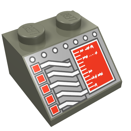 Lego Brick Sloped 45° 2 x 2 with Red Square and Circuitry Print / Dark Gray