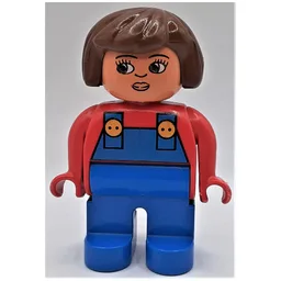 Duplo Figure, Early, Hair Bob Brown, Blue Legs, Blue Overalls, Turned Down Nose Print / Red