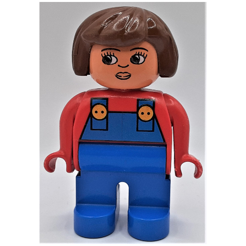 Lego Duplo Figure, Early, Hair Bob Brown, Blue Legs, Blue Overalls, Turned Down Nose Print / Red