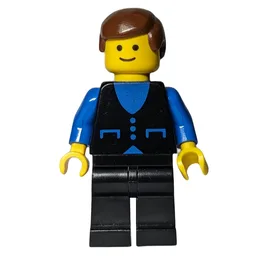 Man, Black Vest over Blue Shirt, Black Legs, Brown Hair