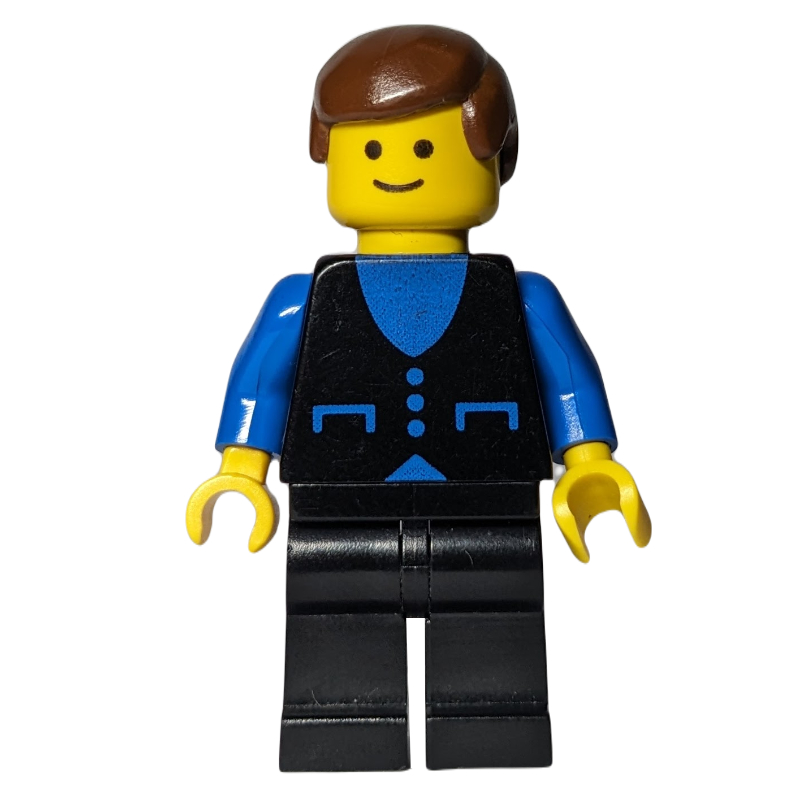 Lego Man, Black Vest over Blue Shirt, Black Legs, Brown Hair