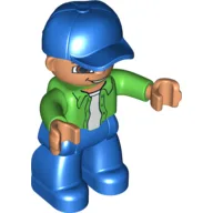 Duplo Figure with Cap Blue, with Bright Green Long Sleeve Shirt over White Shirt - Blue Legs / Bright Green