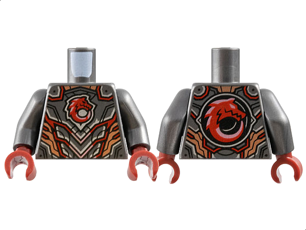 Lego Torso Armor Plates, Red Wolf Head, Silver, Copper and Metallic Pink Lines and Trim Pattern / Pearl Dark Gray Arms / Dark Red Hands