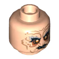Minifig Head Yazneg, Gray Eyebrows, Orange Eyes, Dark Orange Facial Lines, Broken Teeth Print [Hollow Stud] / Light Nougat