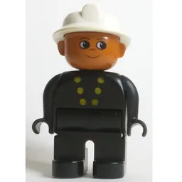 Duplo Figure, Early, Fire Helmet White, Black Legs, Gold Buttons Print / Black