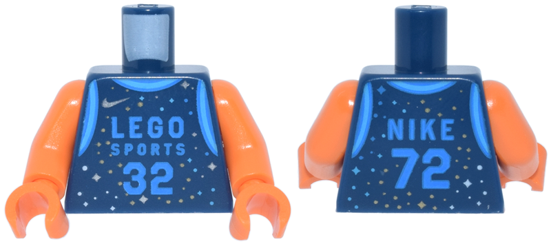 Lego Torso Basketball Uniform with Dark Azure 'LEGO SPORTS 32' and 'NIKE 72' and Silver and Gold Sparkles and Swoosh Logo Pattern / Orange Arms / Orange Hands
