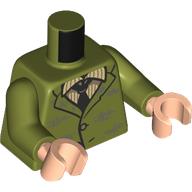 Lego Torso, Jacket, Dark Bluish Grey Stains, Tan/Dark Tan Shirt, Black Tie print, Olive Green Arms, Light Nougat Hands / Olive Green