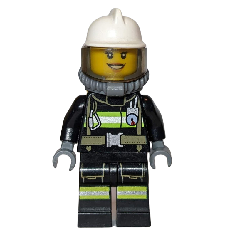 Lego Firefighter, Female, Black Fire Suit with Gauge and Straps, White Helmet, Breathing Apparatus, Airtanks (3626cpr0893 Head)