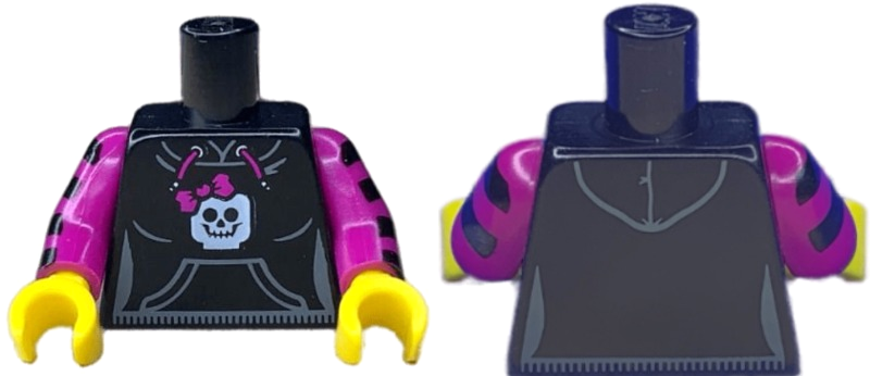 Lego Torso Hooded Sweatshirt with Pocket, Drawstring and Minifigure Skull Pattern / Magenta Arms with Black Stripes / Yellow Hands