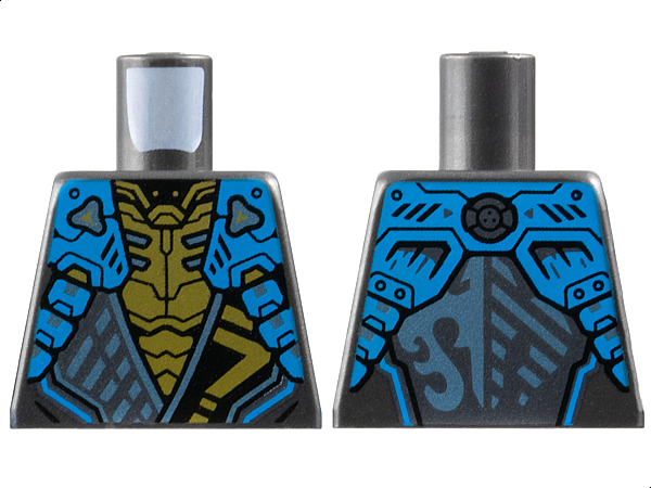 Lego Torso Armored Tunic with Dark Azure Shoulder Panels, Metallic Light Blue Trim and Gold Ninjago Logogram Letter N over Chest Armor, Water Dragon Logo on Back Pattern