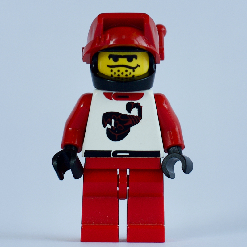 Lego Racer, Red and White Outfit with Scorpion, Black Helmet with Visor with Antenna