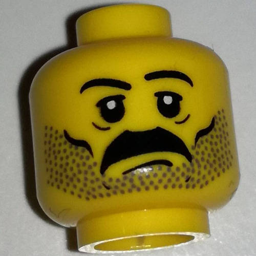 Lego Minifig Head, Moustache and Stubble Print, White Pupils, Eyebrows [Blocked Open Stud] / Yellow