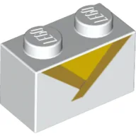 Brick 1 x 2 with 2 Pearl Gold Lines (V-Neck Shirt), Yellow Triangle Print / White