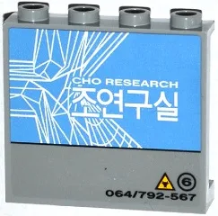 Panel 1 x 4 x 3 with Side Supports - Hollow Studs with 'CHO RESEARCH' and '064/792-567' Pattern Model Right Side (Sticker) - Set 76032