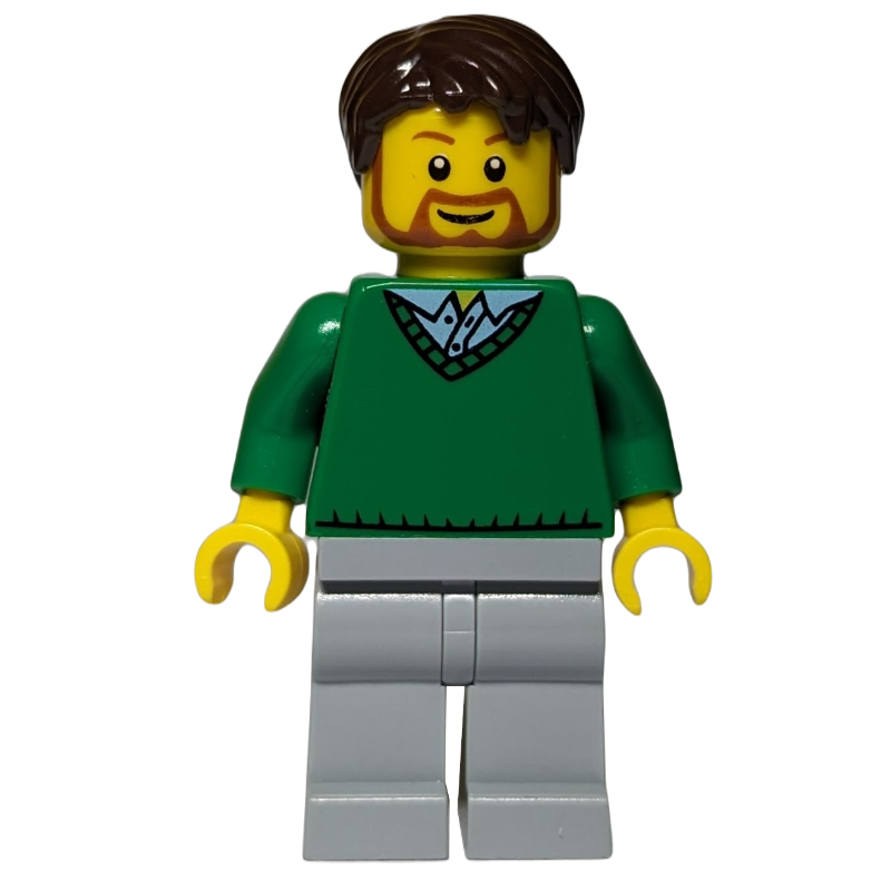 Lego Man, Green V-Neck Sweater, Light Bluish Gray Legs, Beard